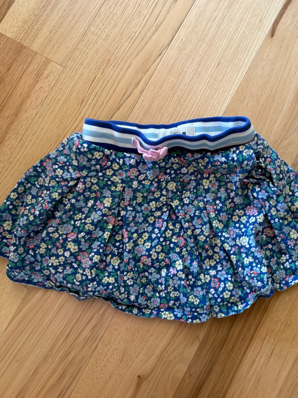 Mini Boden Navy Floral Skirt with Striped Waistband and Pink Bow
